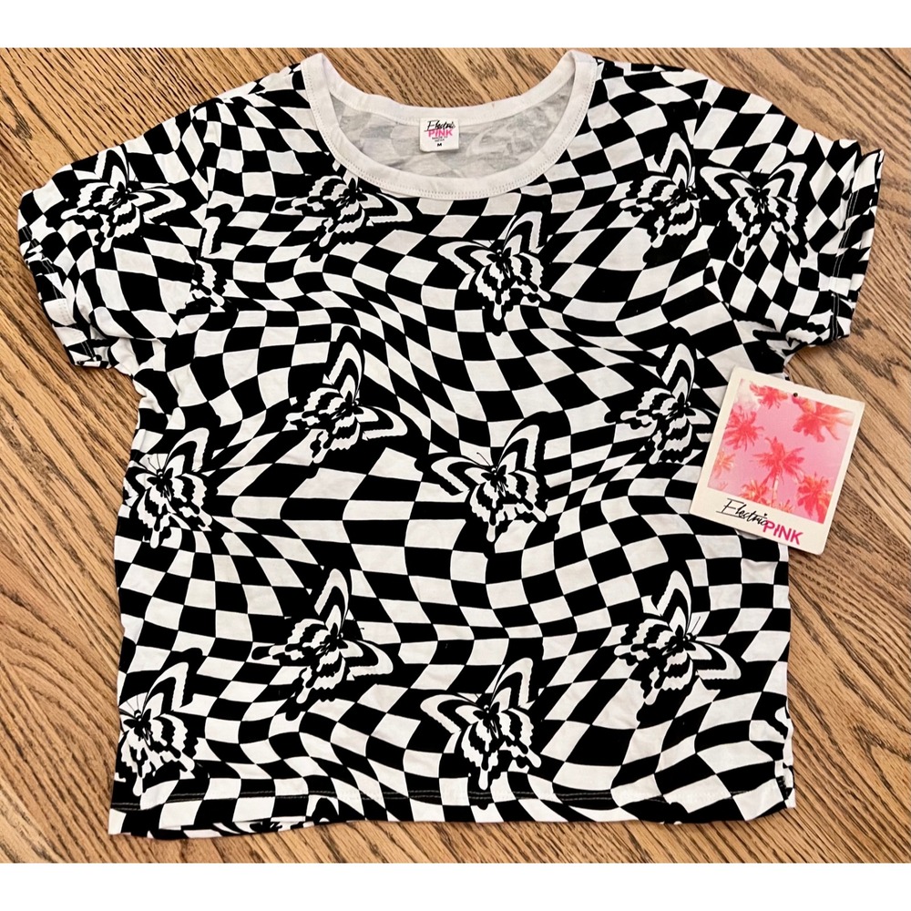 Electric Pink Womens Wavy Checkerboard Butterfly Graphic Tee Shirt Black‎ White